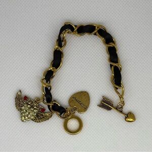 Y2K Betsey Johnson Rocker Cupid Charm Bracelet | Black Ribbon & Gold Tone